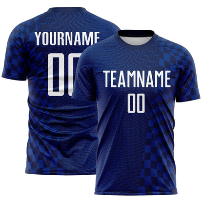 Custom Royal White-Navy Geometric Patchwork Asymmetry Checkered Zigzag Lines Sublimation Soccer Uniform Jersey