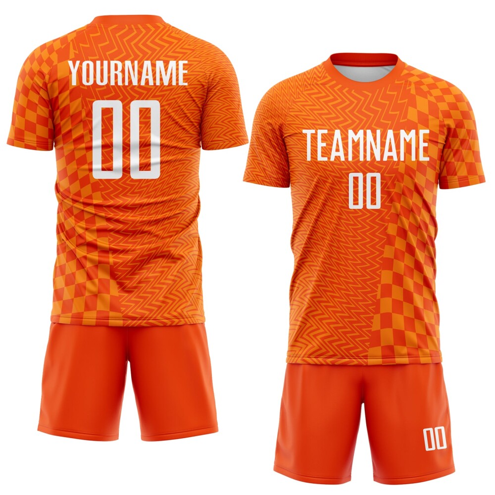 Custom Orange-White Geometric Patchwork Asymmetry Checkered Zigzag Lines Sublimation Soccer Uniform Jersey