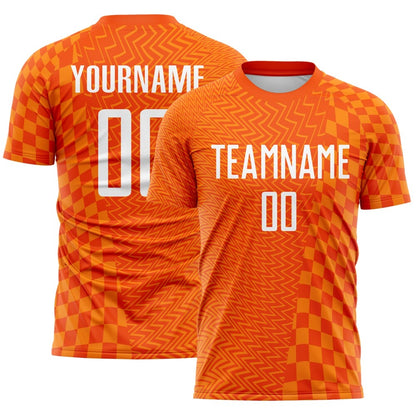 Custom Orange-White Geometric Patchwork Asymmetry Checkered Zigzag Lines Sublimation Soccer Uniform Jersey