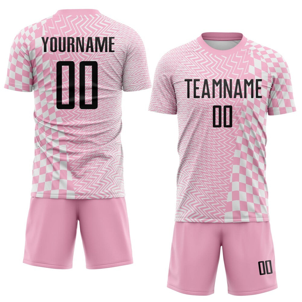 Custom Light Pink Black-White Geometric Patchwork Asymmetry Checkered Zigzag Lines Sublimation Soccer Uniform Jersey