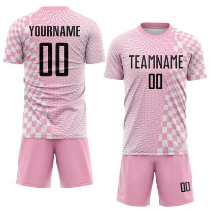Custom Light Pink Black-White Geometric Patchwork Asymmetry Checkered Zigzag Lines Sublimation Soccer Uniform Jersey
