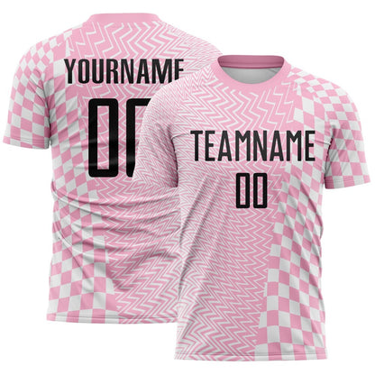 Custom Light Pink Black-White Geometric Patchwork Asymmetry Checkered Zigzag Lines Sublimation Soccer Uniform Jersey