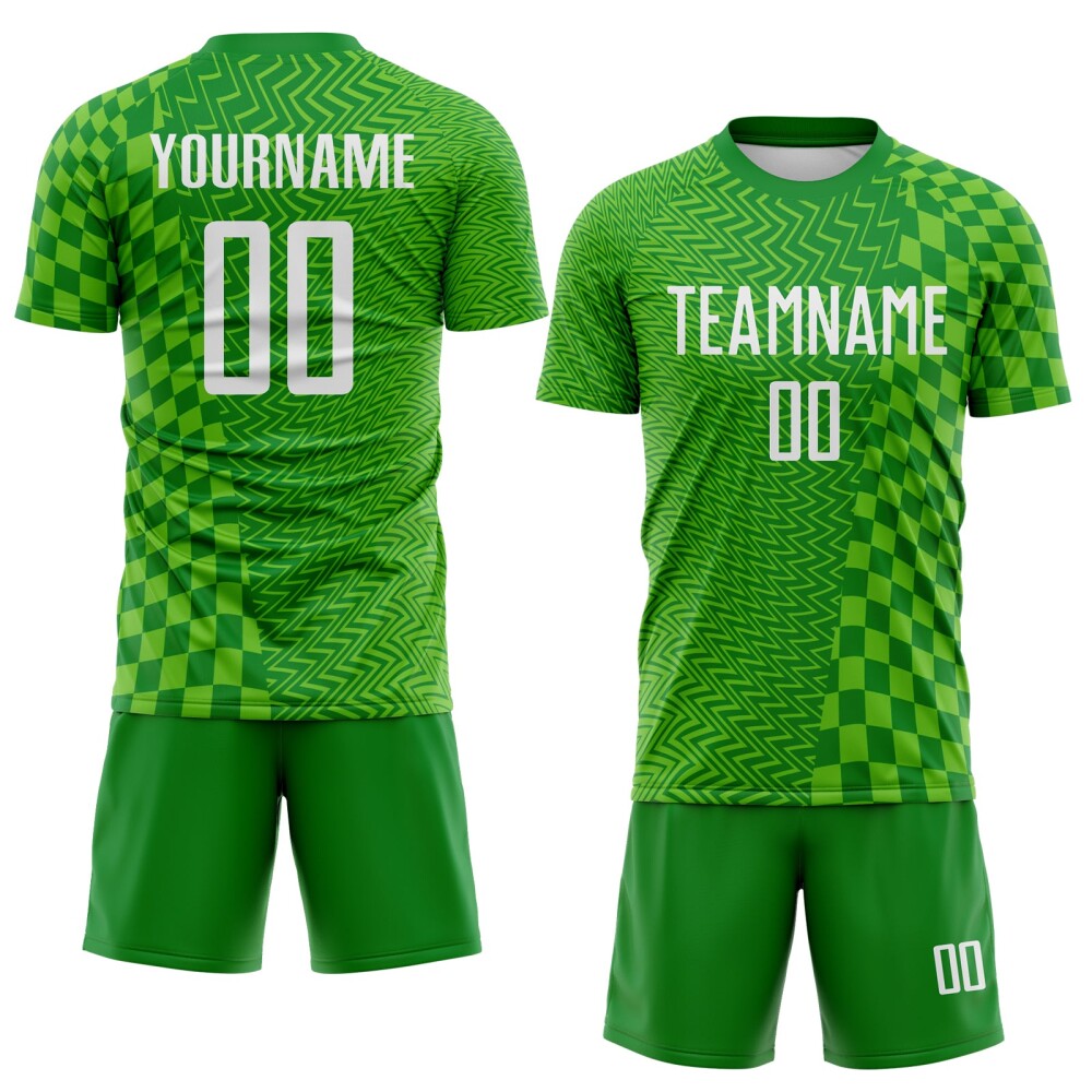 Custom Grass Green White-Aurora Green Geometric Patchwork Asymmetry Checkered Zigzag Lines Sublimation Soccer Uniform Jersey