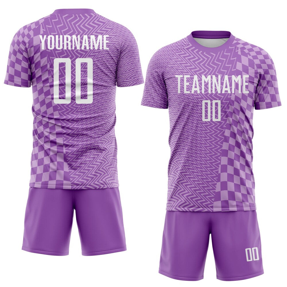 Custom Medium Purple White-Light Purple Geometric Patchwork Asymmetry Checkered Zigzag Lines Sublimation Soccer Uniform Jersey