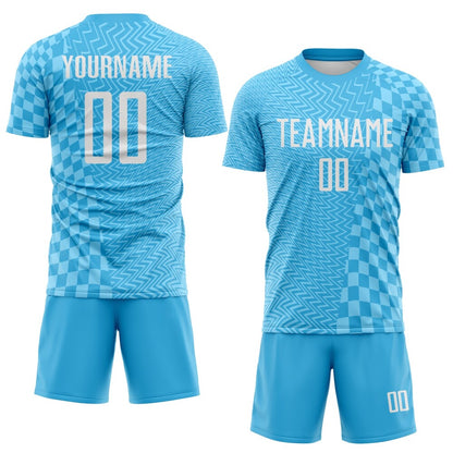 Custom Sky Blue-White Geometric Patchwork Asymmetry Checkered Zigzag Lines Sublimation Soccer Uniform Jersey
