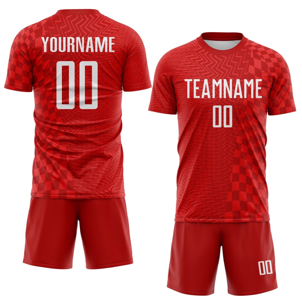 Custom Red-White Geometric Patchwork Asymmetry Checkered Zigzag Lines Sublimation Soccer Uniform Jersey