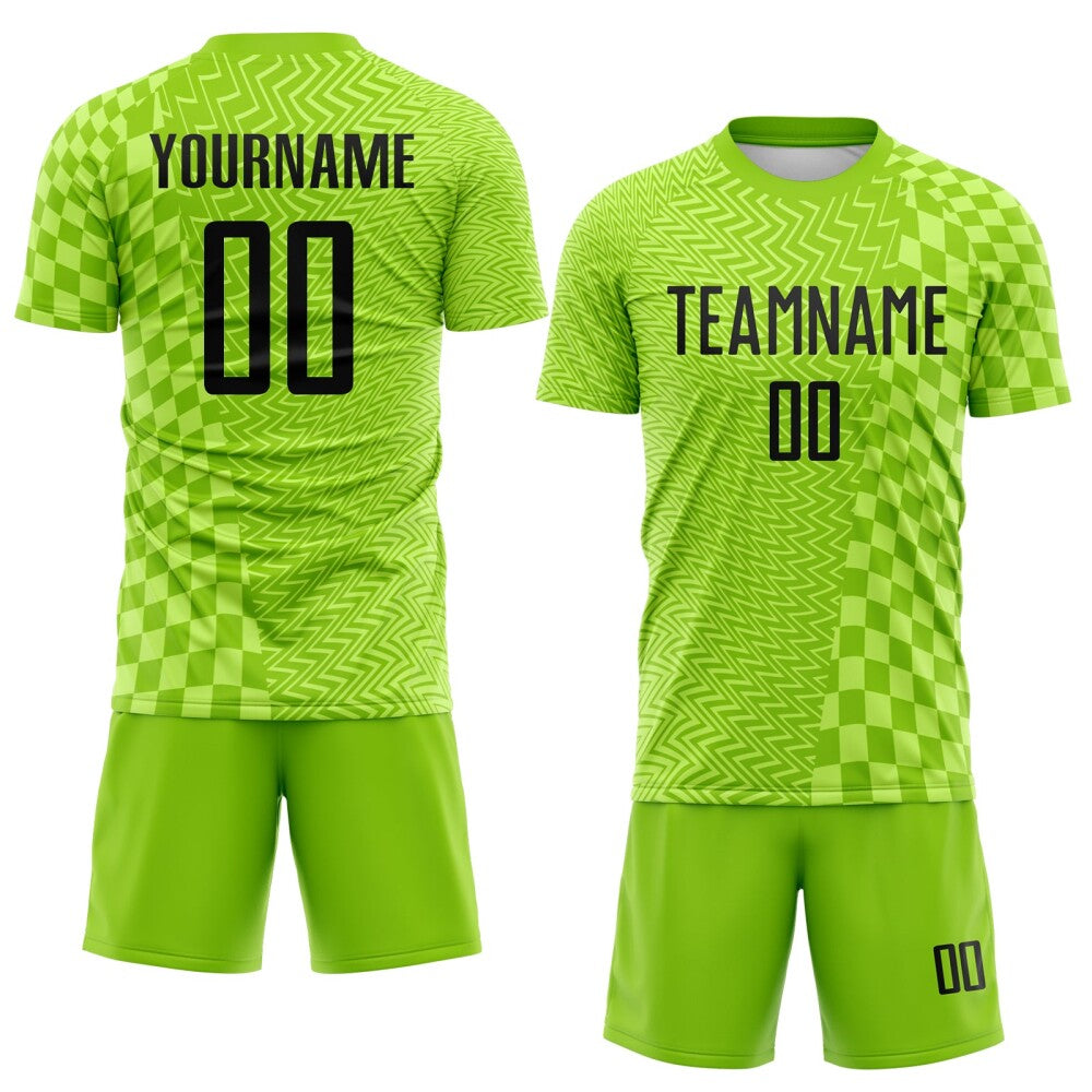 Custom Neon Green-Black Geometric Patchwork Asymmetry Checkered Zigzag Lines Sublimation Soccer Uniform Jersey