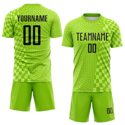 Custom Neon Green-Black Geometric Patchwork Asymmetry Checkered Zigzag Lines Sublimation Soccer Uniform Jersey