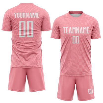 Custom Medium Pink-White Geometric Patchwork Asymmetry Checkered Zigzag Lines Sublimation Soccer Uniform Jersey