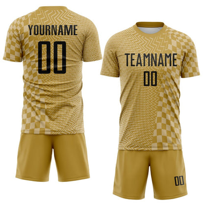 Custom Old Gold-White Geometric Patchwork Asymmetry Checkered Zigzag Lines Sublimation Soccer Uniform Jersey