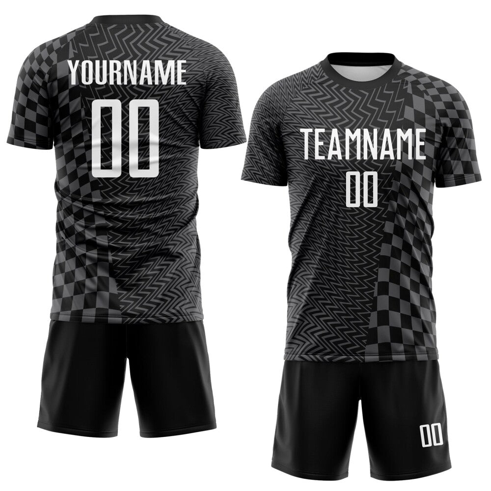 Custom Black White-Steel Gray Geometric Patchwork Asymmetry Checkered Zigzag Lines Sublimation Soccer Uniform Jersey
