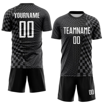 Custom Black White-Steel Gray Geometric Patchwork Asymmetry Checkered Zigzag Lines Sublimation Soccer Uniform Jersey