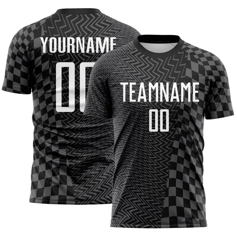 Custom Black White-Steel Gray Geometric Patchwork Asymmetry Checkered Zigzag Lines Sublimation Soccer Uniform Jersey