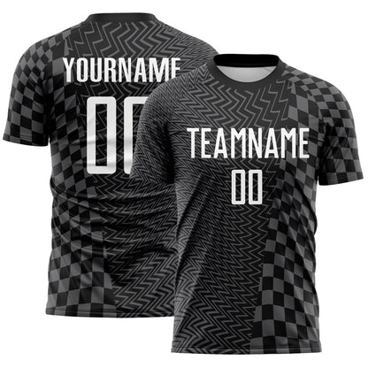 Custom Black White-Steel Gray Geometric Patchwork Asymmetry Checkered Zigzag Lines Sublimation Soccer Uniform Jersey