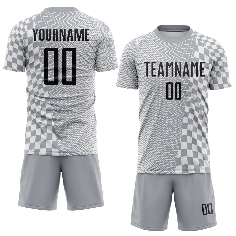 Custom Gray Black-White Geometric Patchwork Asymmetry Checkered Zigzag Lines Sublimation Soccer Uniform Jersey