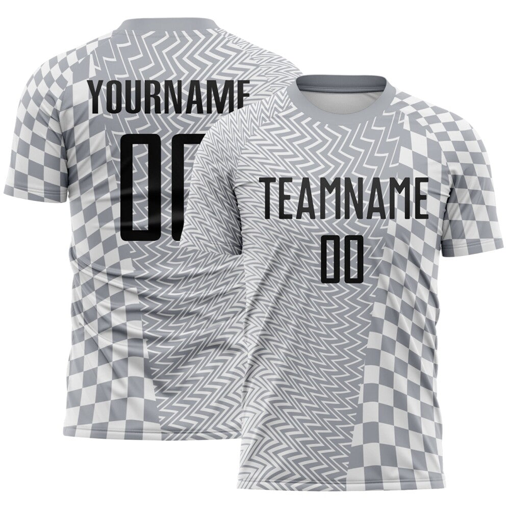 Custom Gray Black-White Geometric Patchwork Asymmetry Checkered Zigzag Lines Sublimation Soccer Uniform Jersey