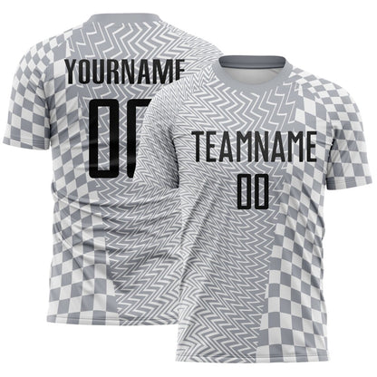 Custom Gray Black-White Geometric Patchwork Asymmetry Checkered Zigzag Lines Sublimation Soccer Uniform Jersey