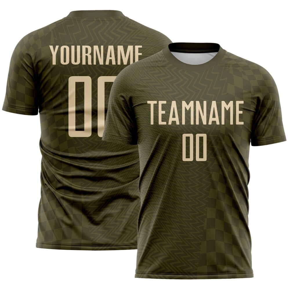 Custom Olive-City Cream Geometric Patchwork Asymmetry Checkered Zigzag Lines Sublimation Soccer Uniform Jersey