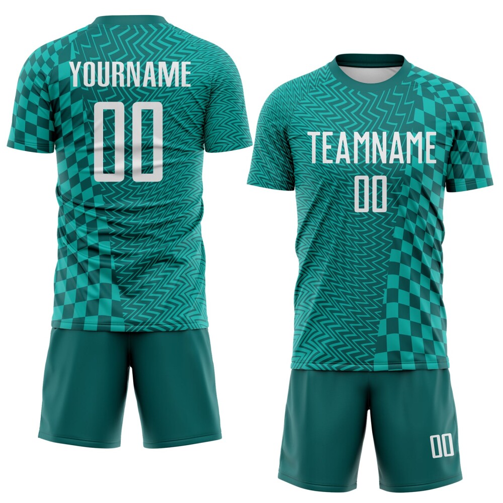 Custom Teal White-Aqua Geometric Patchwork Asymmetry Checkered Zigzag Lines Sublimation Soccer Uniform Jersey