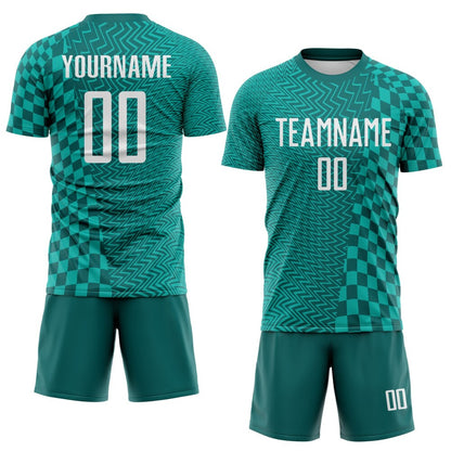 Custom Teal White-Aqua Geometric Patchwork Asymmetry Checkered Zigzag Lines Sublimation Soccer Uniform Jersey