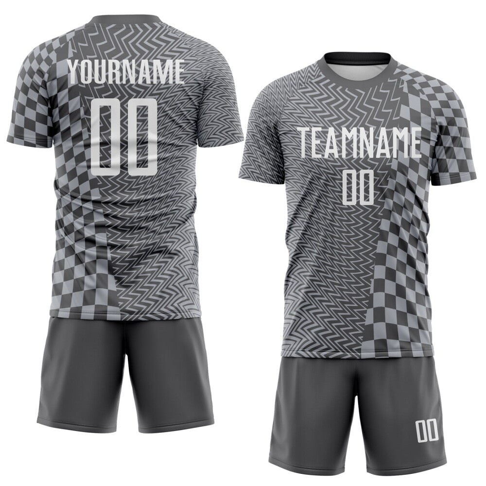 Custom Steel Gray-White Geometric Patchwork Asymmetry Checkered Zigzag Lines Sublimation Soccer Uniform Jersey