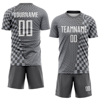 Custom Steel Gray-White Geometric Patchwork Asymmetry Checkered Zigzag Lines Sublimation Soccer Uniform Jersey