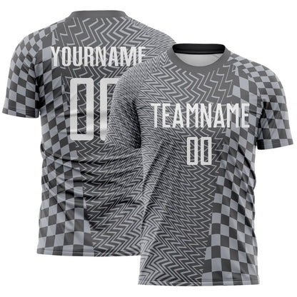 Custom Steel Gray-White Geometric Patchwork Asymmetry Checkered Zigzag Lines Sublimation Soccer Uniform Jersey