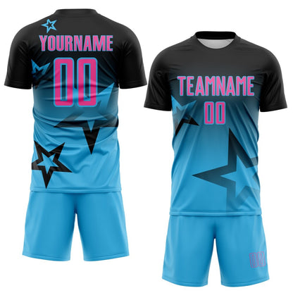 Custom Black Pink-Sky Blue Gradient Style Twinkle Star Sublimation Soccer Uniform Jersey