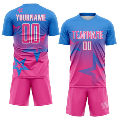 Custom Powder Blue Pink-White Gradient Style Twinkle Star Sublimation Soccer Uniform Jersey