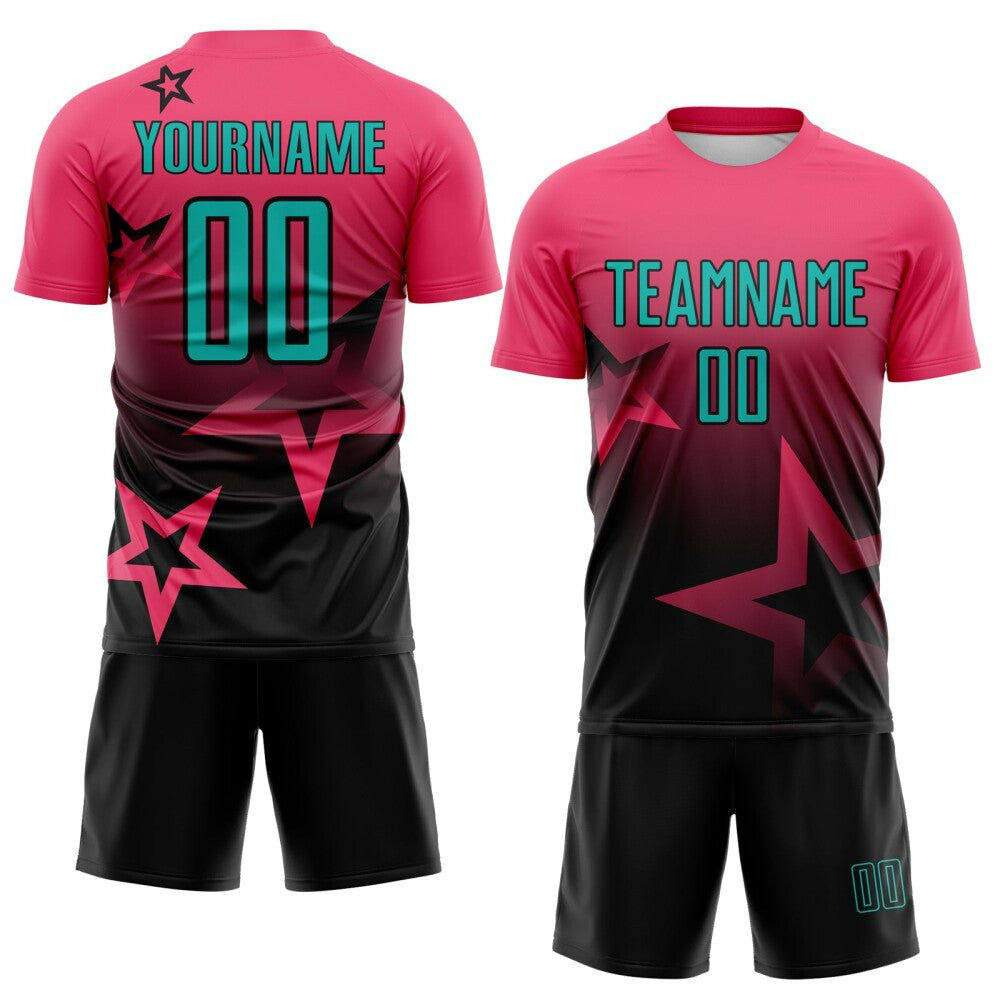 Custom Neon Pink Aqua-Black Gradient Style Twinkle Star Sublimation Soccer Uniform Jersey