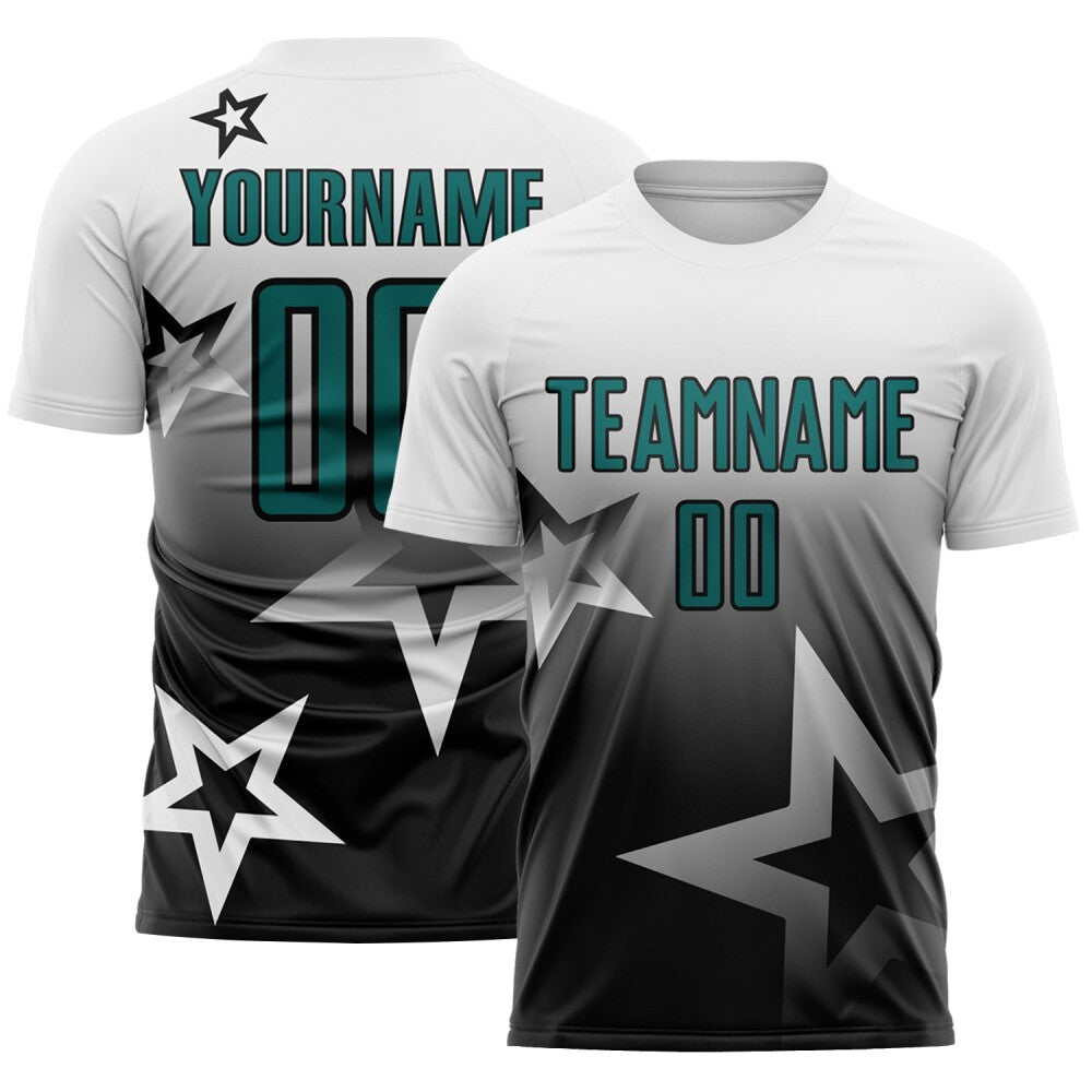 Custom White Teal-Black Gradient Style Twinkle Star Sublimation Soccer Uniform Jersey