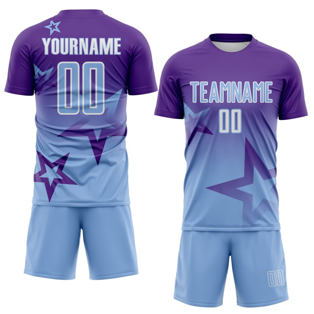 Custom Purple Light Blue-White Gradient Style Twinkle Star Sublimation Soccer Uniform Jersey