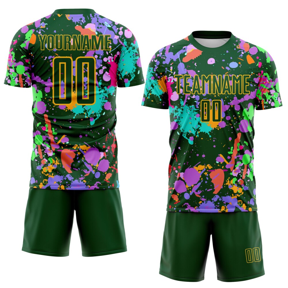 Custom Graffiti Pattern Green-Gold Paint Splatter Sublimation Soccer Uniform Jersey