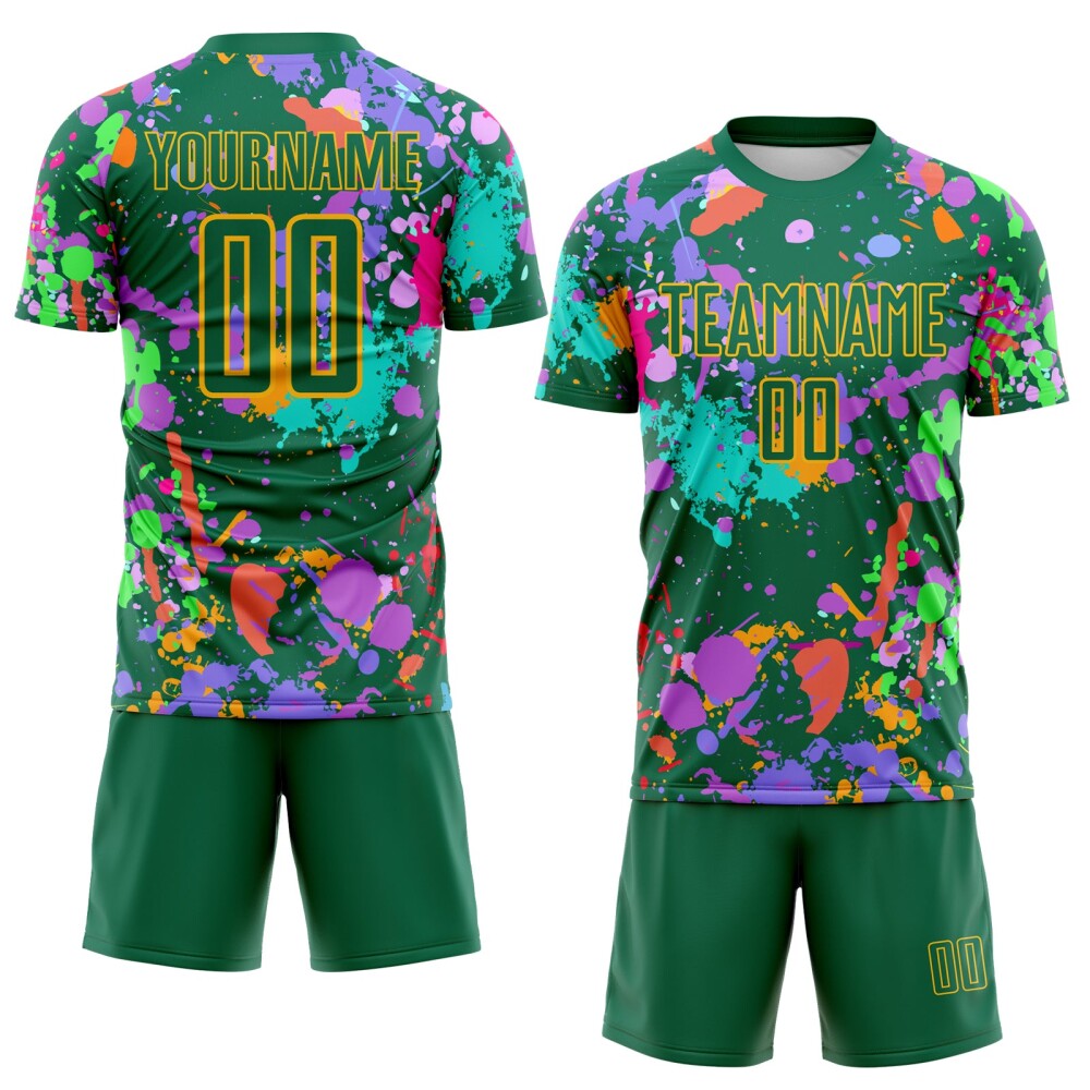 Custom Graffiti Pattern Kelly Green-Gold Paint Splatter Sublimation Soccer Uniform Jersey