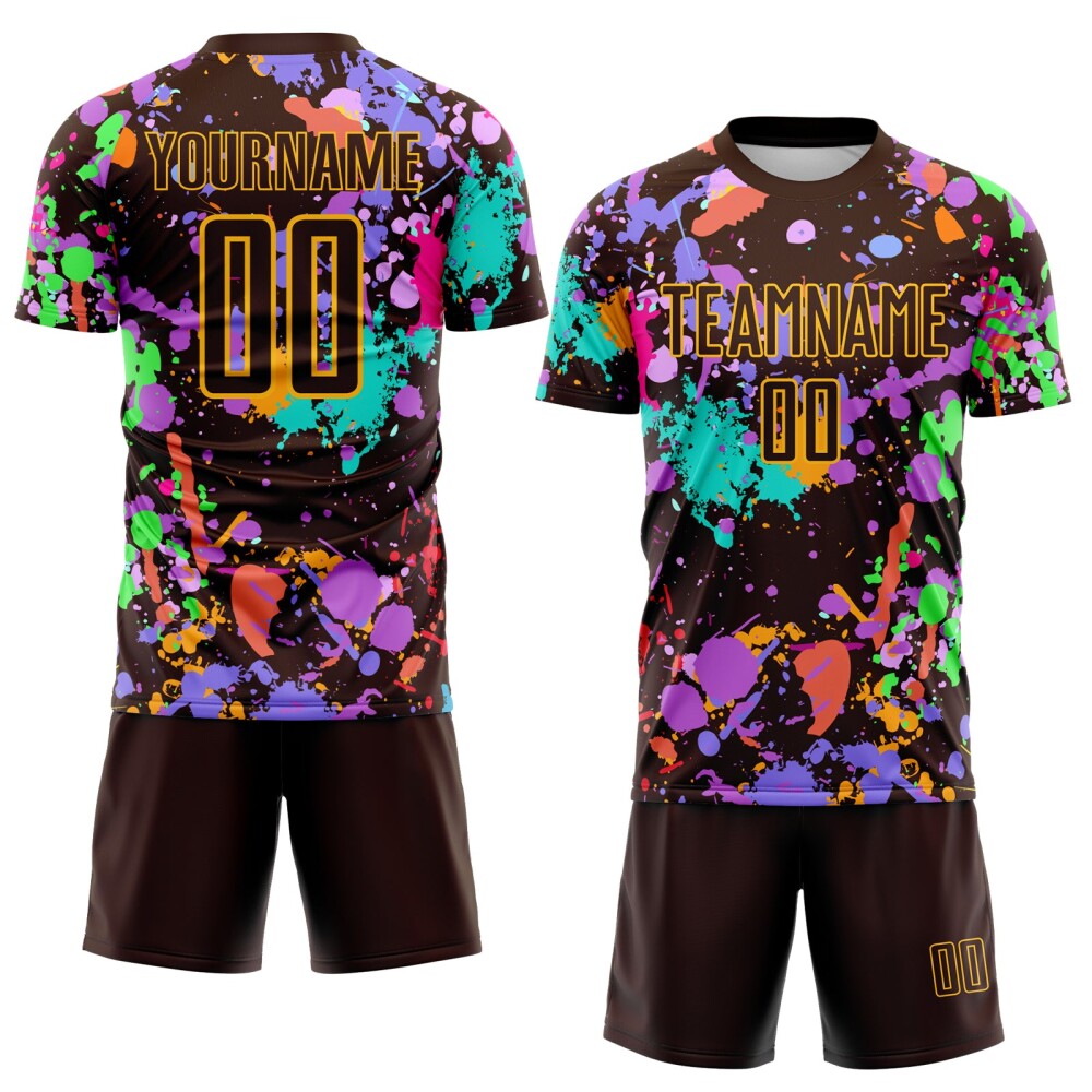 Custom Graffiti Pattern Brown-Gold Paint Splatter Sublimation Soccer Uniform Jersey