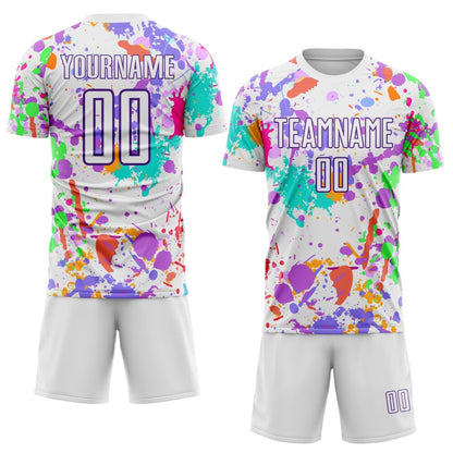 Custom Graffiti Pattern White-Purple Paint Splatter Sublimation Soccer Uniform Jersey
