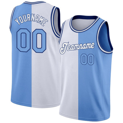 Custom White Light Blue-Royal High-quality Split Fashion Basketball Jersey