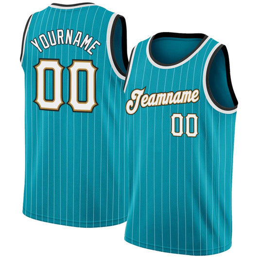 Custom Teal White Pinstripe White-Old Gold High-quality Basketball Jersey