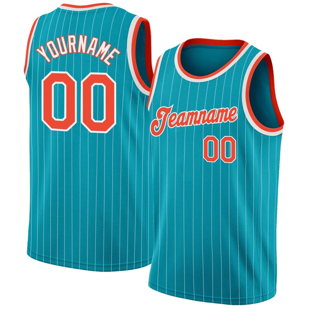Custom Teal White Pinstripe Orange-White High-quality Basketball Jersey