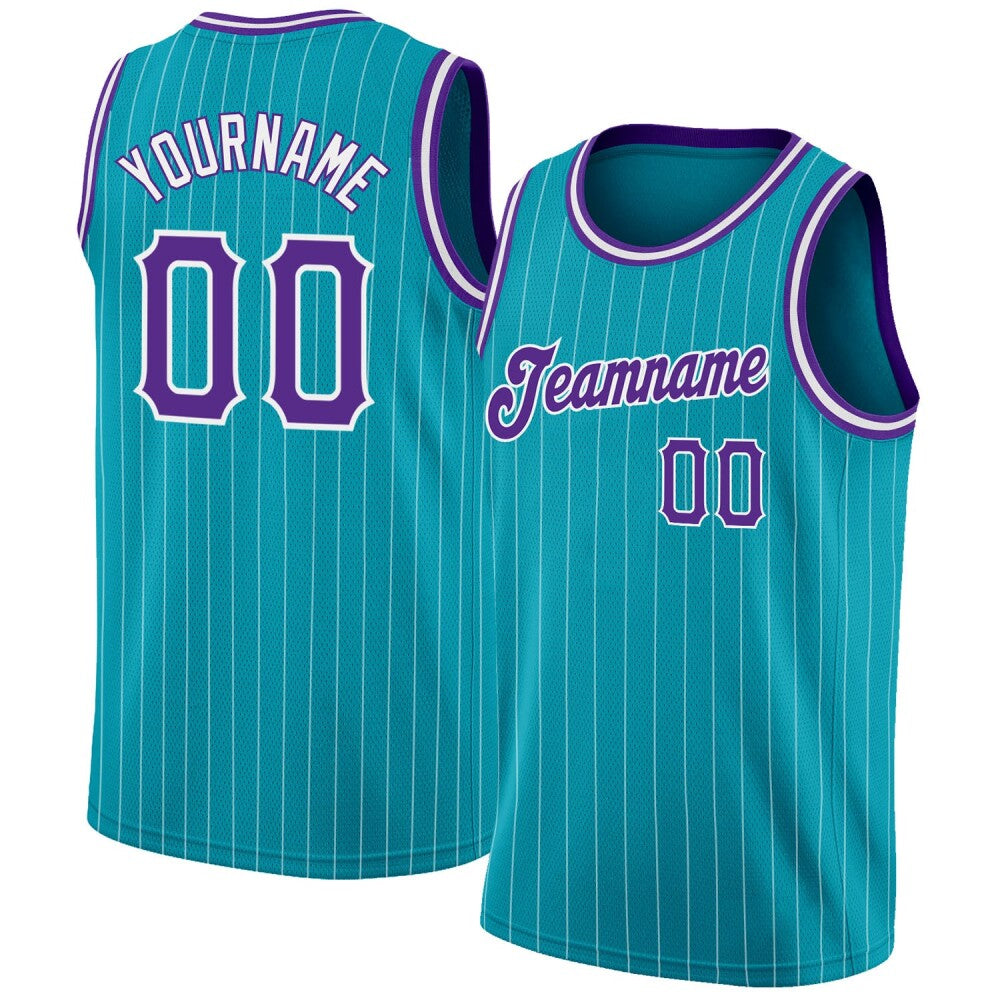 Custom Teal White Pinstripe Purple-White High-quality Basketball Jersey