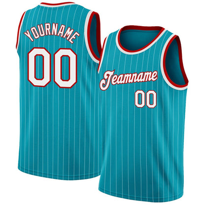 Custom Teal White Pinstripe White-Red High-quality Basketball Jersey
