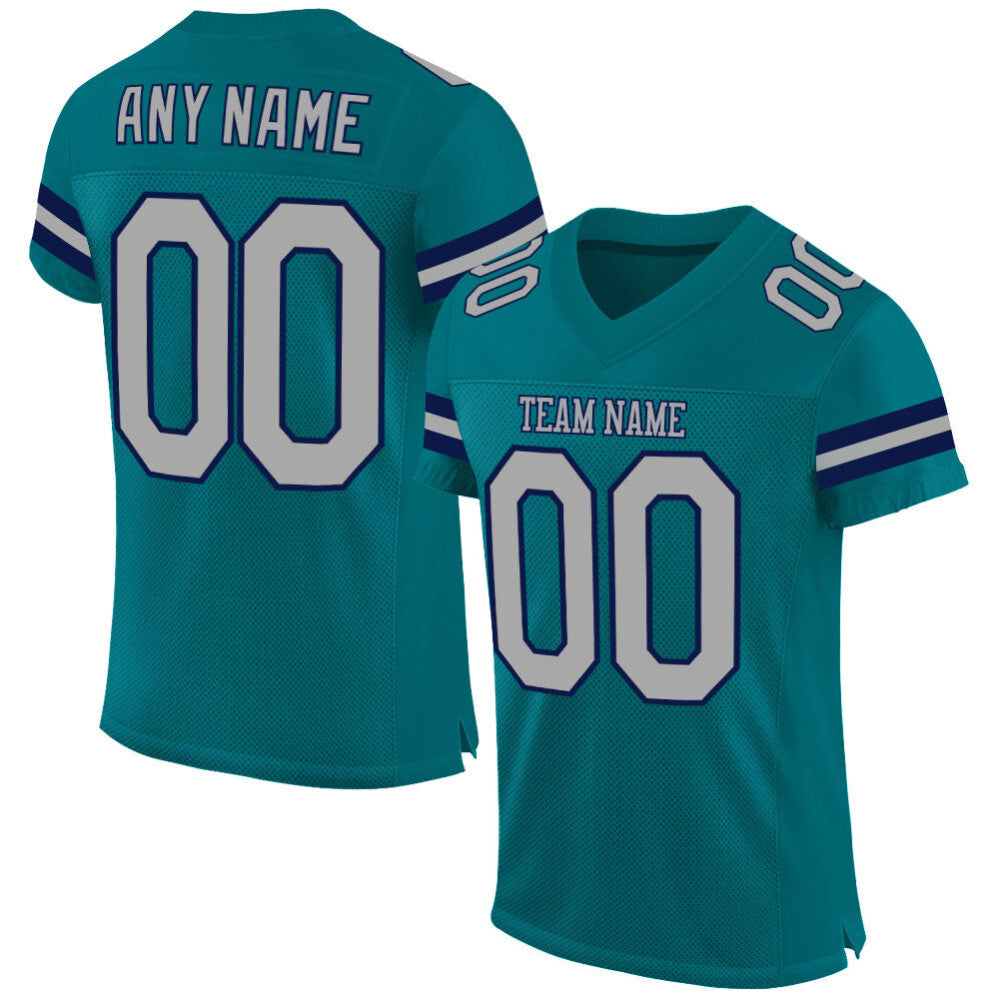 Custom Teal Gray-Navy Mesh High-quality Football Jersey