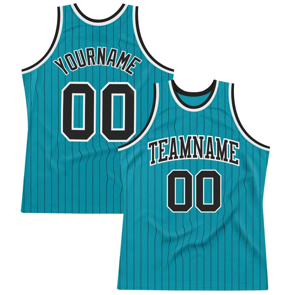 Custom Teal Black Pinstripe Black-White High-quality Basketball Jersey