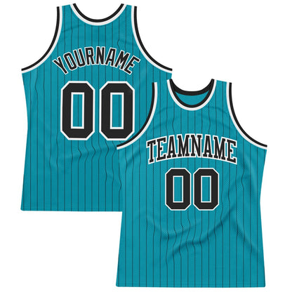 Custom Teal Black Pinstripe Black-White High-quality Basketball Jersey
