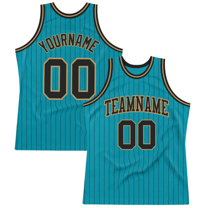 Custom Teal Black Pinstripe Black-Old Gold High-quality Basketball Jersey