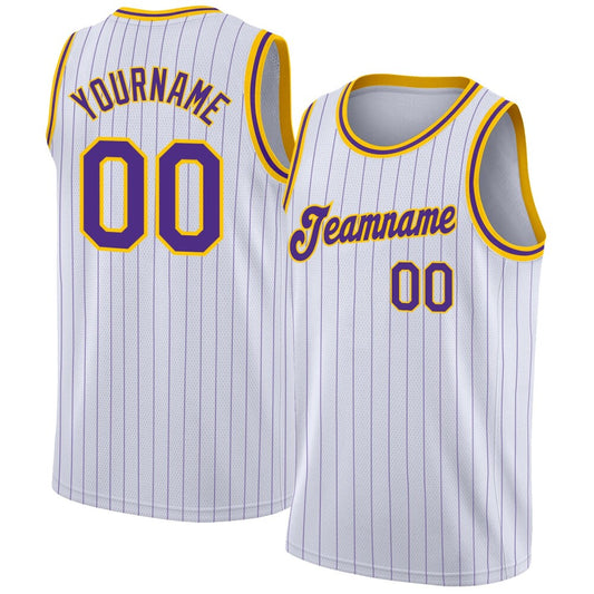 Custom White Purple Pinstripe Purple-Gold High-quality Basketball Jersey