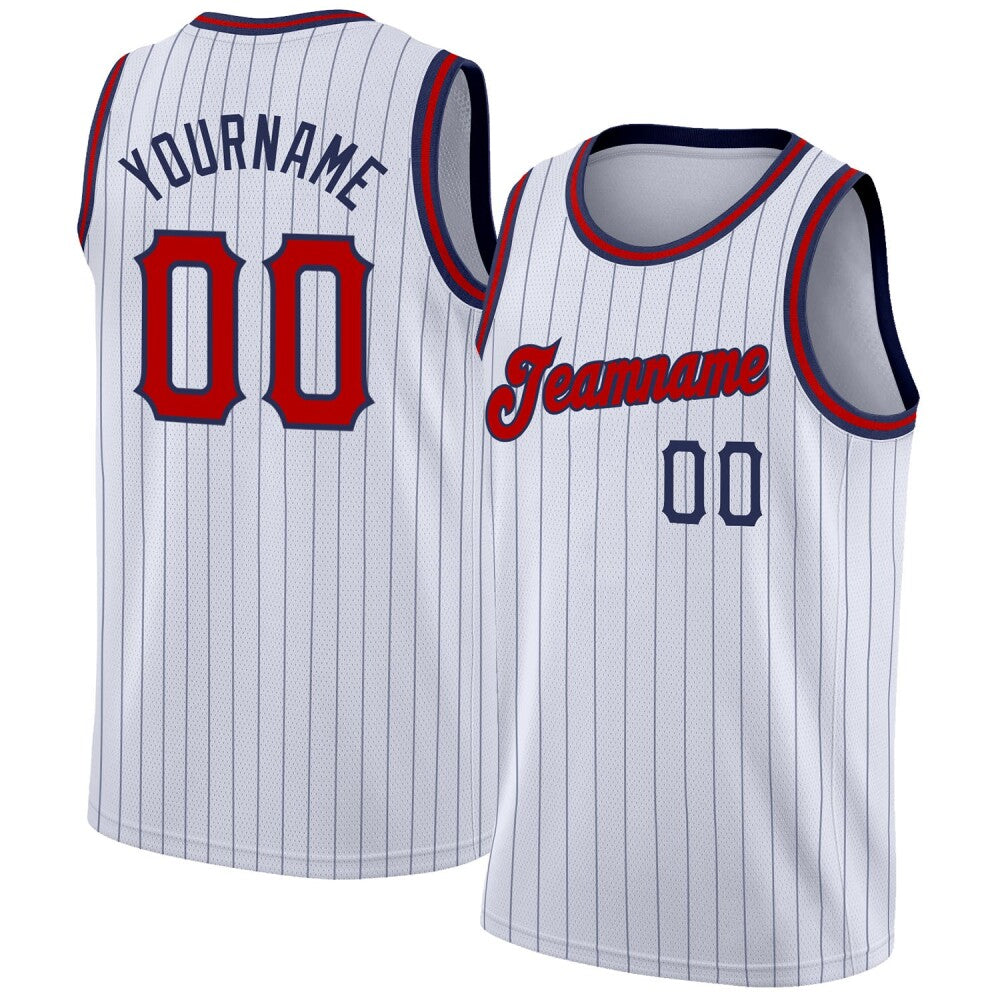 Custom White Navy Pinstripe Red-Navy High-quality Basketball Jersey