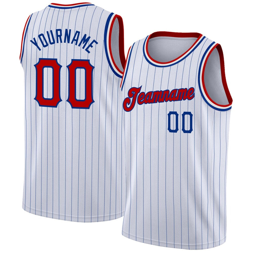Custom White Royal Pinstripe Red-Royal High-quality Basketball Jersey