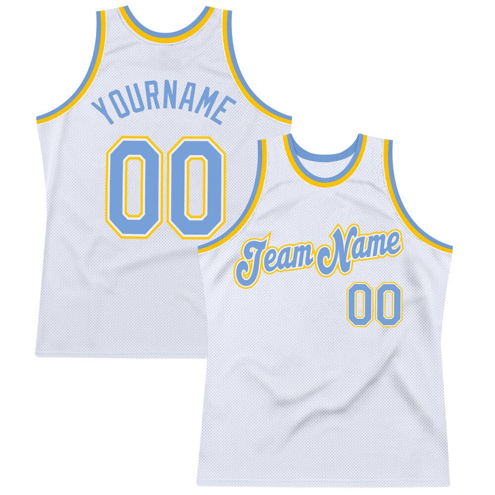 Custom White Light Blue-Gold High-quality Throwback Basketball Jersey