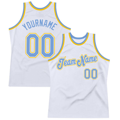 Custom White Light Blue-Gold High-quality Throwback Basketball Jersey